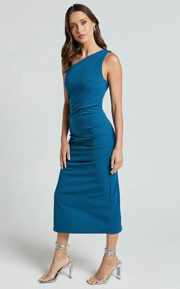 Showpo Monette Midi Dress 8211 One Shoulder Straight Dress In Teal Women Dresses