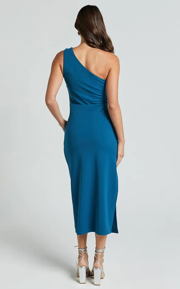 Showpo Monette Midi Dress 8211 One Shoulder Straight Dress In Teal Women Dresses