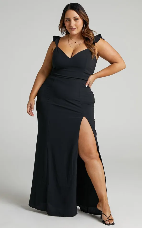Showpo More Than This Midi Dress 8211 Ruffle Strap Thigh Split Dress In Black Women Dresses