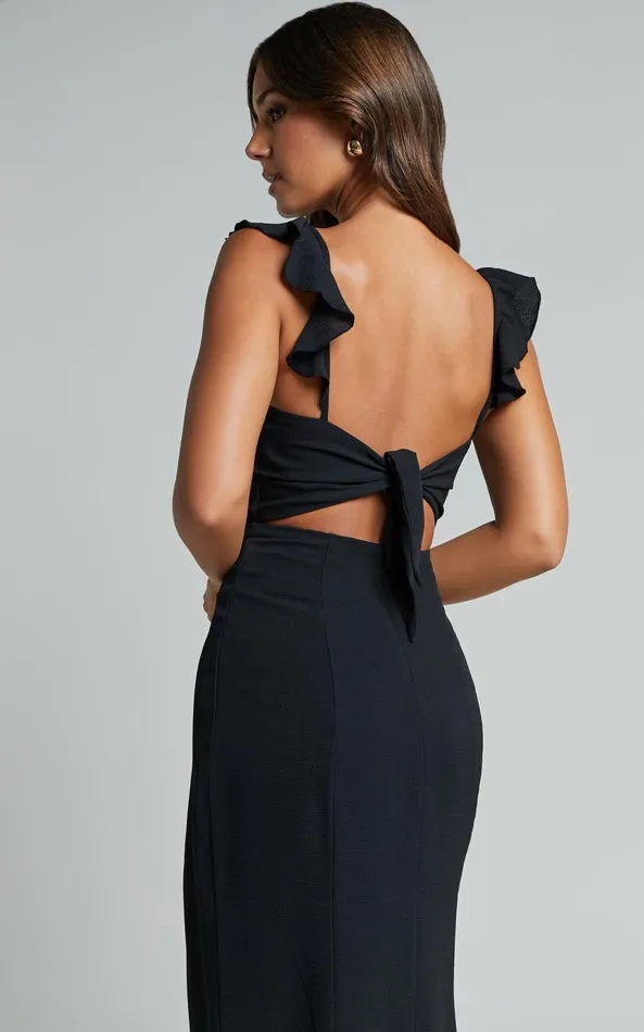 Showpo More Than This Midi Dress 8211 Ruffle Strap Thigh Split Dress In Black Women Dresses