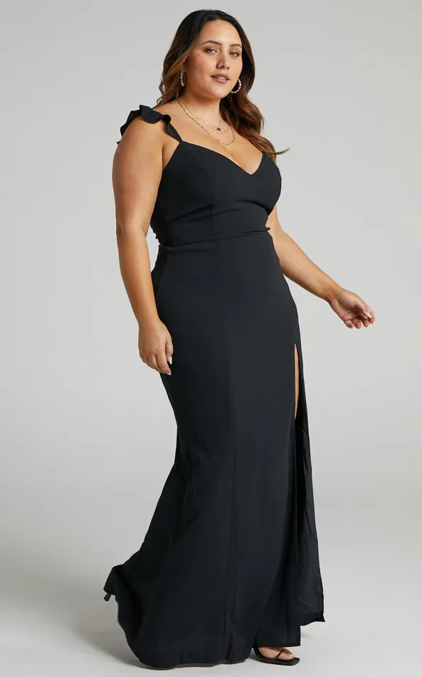 Showpo More Than This Midi Dress 8211 Ruffle Strap Thigh Split Dress In Black Women Dresses