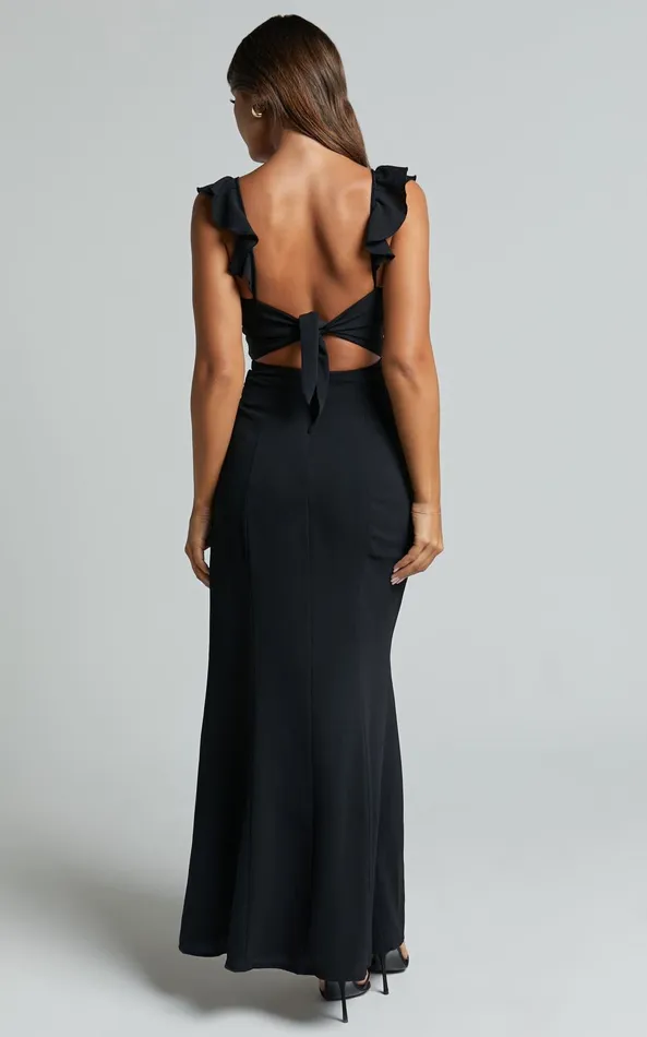 Showpo More Than This Midi Dress 8211 Ruffle Strap Thigh Split Dress In Black Women Dresses