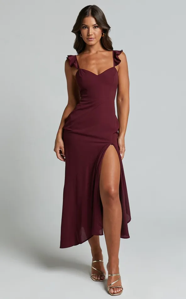 Showpo Morgan Midi Dress 8211 Frill Asymmetric Split Dress In Grape Women Dresses Showpo Morgan Midi Dress 8211 Frill Asymmetric Split Dress In Grape Women Dresses