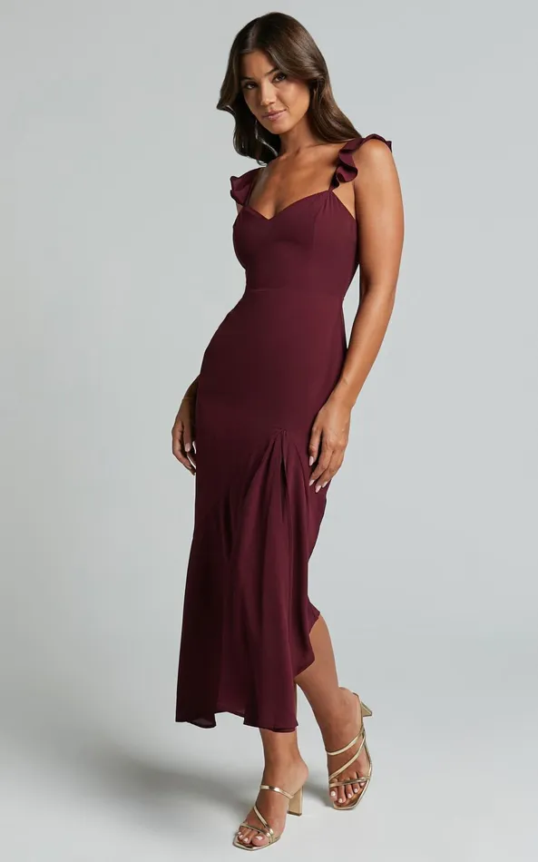 Showpo Morgan Midi Dress 8211 Frill Asymmetric Split Dress In Grape Women Dresses