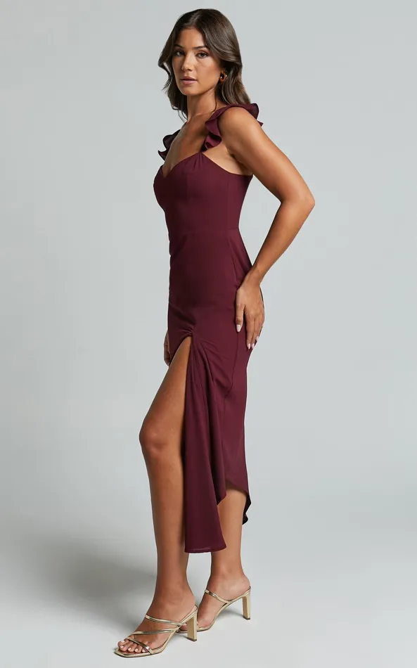 Showpo Morgan Midi Dress 8211 Frill Asymmetric Split Dress In Grape Women Dresses