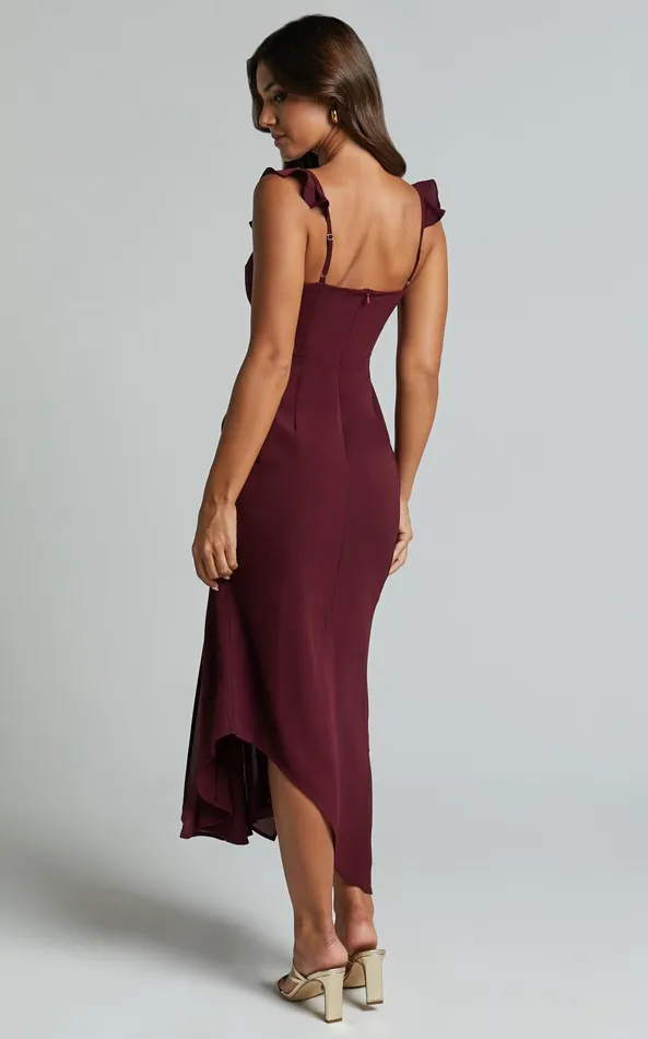 Showpo Morgan Midi Dress 8211 Frill Asymmetric Split Dress In Grape Women Dresses