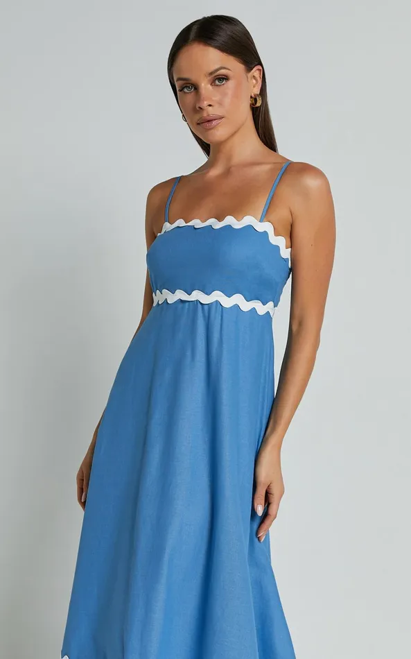 Showpo Moriseth Midi Dress 8211 Linen Look Sleeveless Fit Flare Dress In Blue Women Dresses