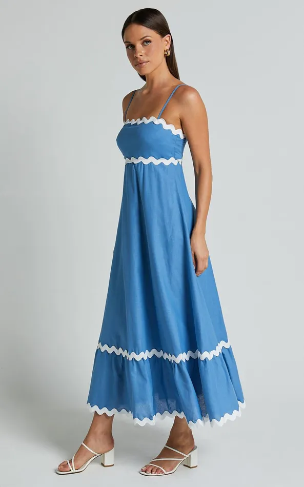 Showpo Moriseth Midi Dress 8211 Linen Look Sleeveless Fit Flare Dress In Blue Women Dresses