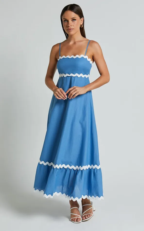 Showpo Moriseth Midi Dress 8211 Linen Look Sleeveless Fit Flare Dress In Blue Women Dresses