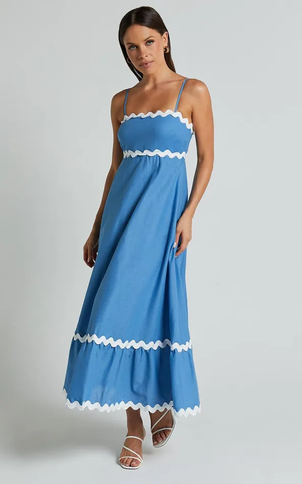 Showpo Moriseth Midi Dress 8211 Linen Look Sleeveless Fit Flare Dress In Blue Women Dresses