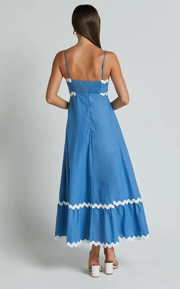 Showpo Moriseth Midi Dress 8211 Linen Look Sleeveless Fit Flare Dress In Blue Women Dresses