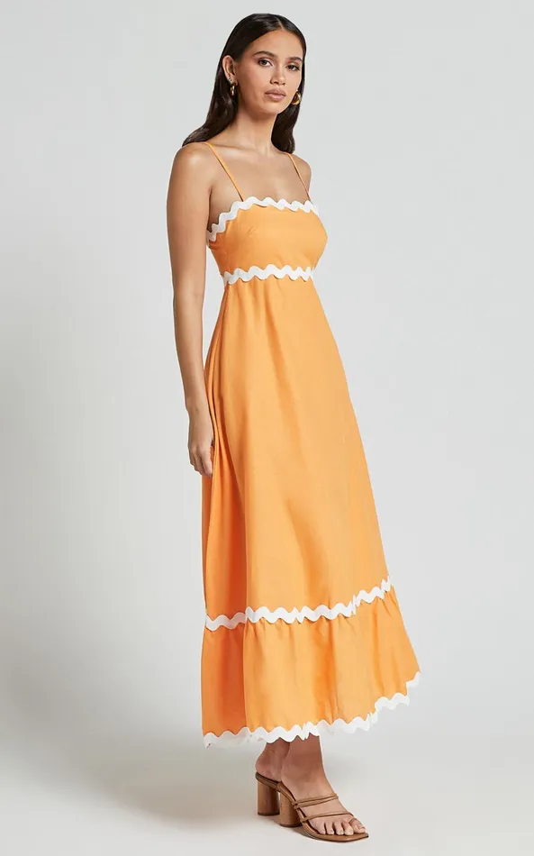Showpo Moriseth Midi Dress 8211 Linen Look Sleeveless Fit Flare Dress In Orange Women Dresses