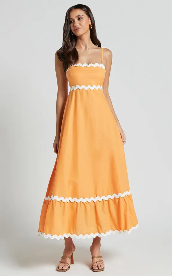Showpo Moriseth Midi Dress 8211 Linen Look Sleeveless Fit Flare Dress In Orange Women Dresses