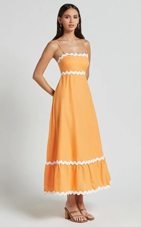 Showpo Moriseth Midi Dress 8211 Linen Look Sleeveless Fit Flare Dress In Orange Women Dresses