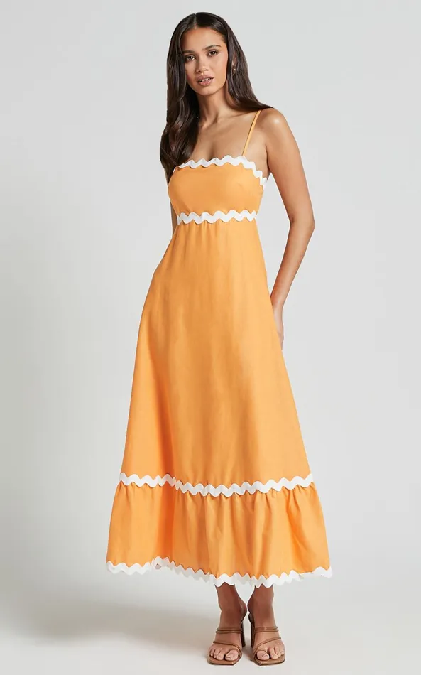 Showpo Moriseth Midi Dress 8211 Linen Look Sleeveless Fit Flare Dress In Orange Women Dresses