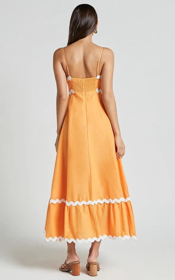 Showpo Moriseth Midi Dress 8211 Linen Look Sleeveless Fit Flare Dress In Orange Women Dresses