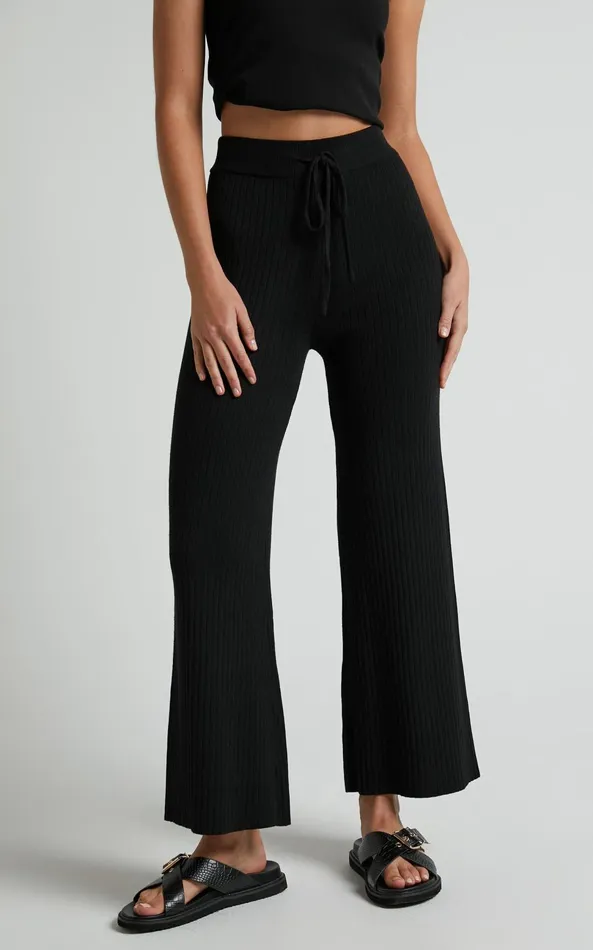 Showpo Motto Pants 8211 High Waisted 78 Length Ribbed Knit Pants In Black Women Curve Clothes