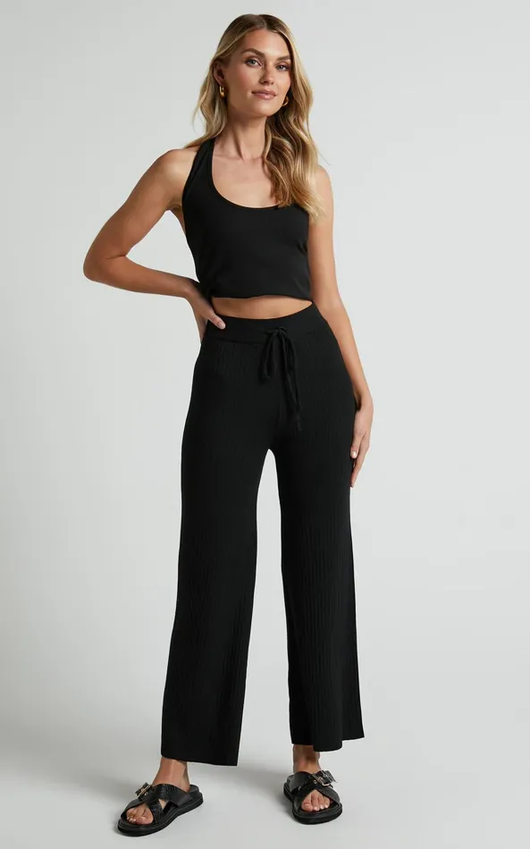 Showpo Motto Pants 8211 High Waisted 78 Length Ribbed Knit Pants In Black Women Curve Clothes