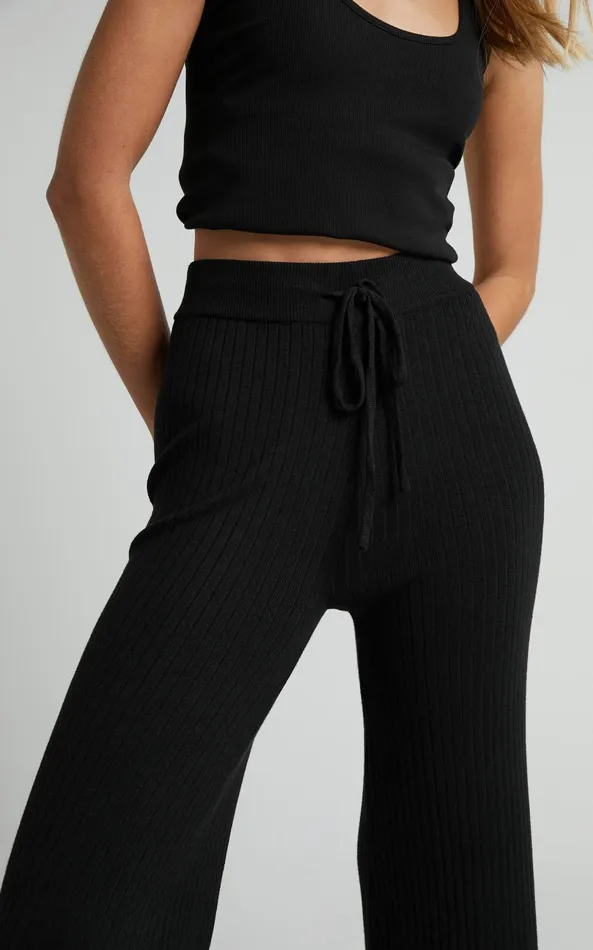 Showpo Motto Pants 8211 High Waisted 78 Length Ribbed Knit Pants In Black Women Curve Clothes