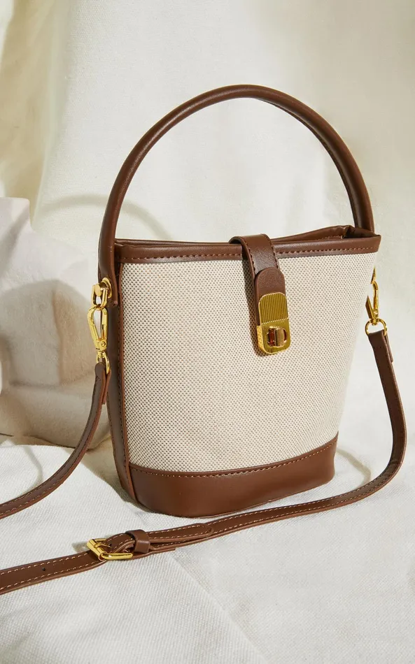 Showpo Mumbai Bag 8211 Canvas and PU Bucket Mini Tote Bag In TanNatural Women Bags