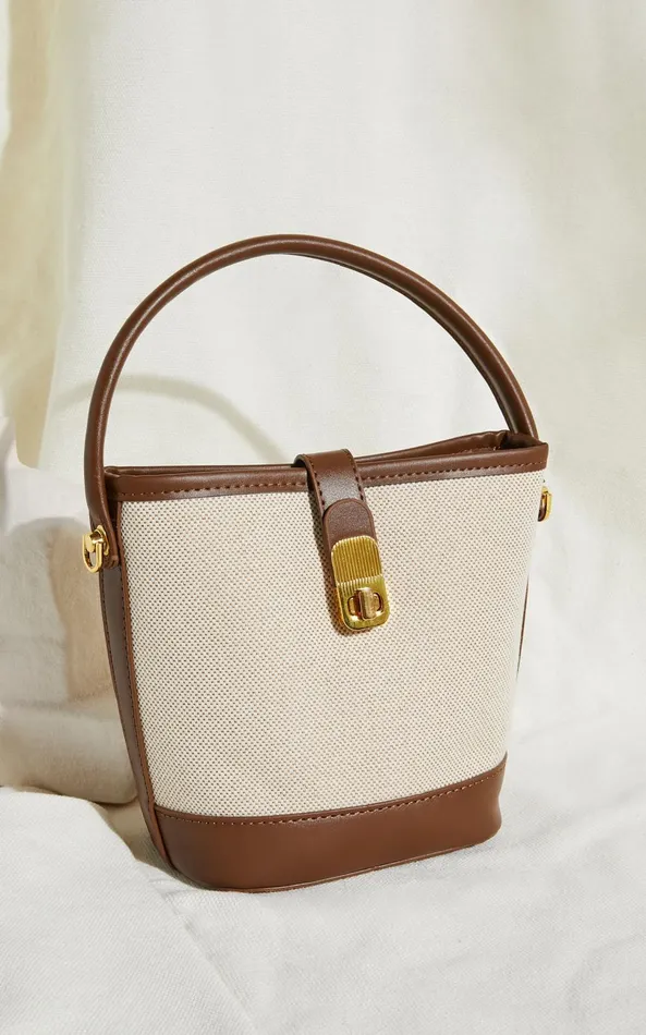 Showpo Mumbai Bag 8211 Canvas and PU Bucket Mini Tote Bag In TanNatural Women Bags