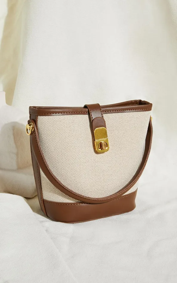 Showpo Mumbai Bag 8211 Canvas and PU Bucket Mini Tote Bag In TanNatural Women Bags