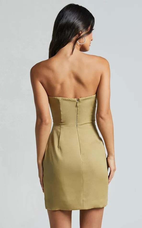 Showpo Myla Mini Dress 8211 Strapless Draped Fitted Dress In Olive Women Dresses