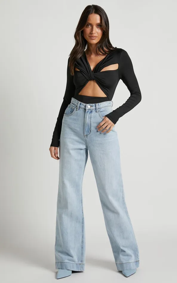 Showpo Nadia Bodysuit 8211 Twist Front Cut Out Long Sleeve Bodysuit In Black Women Tops