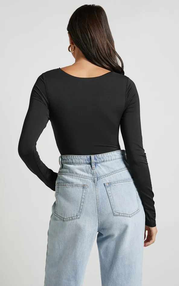 Showpo Nadia Bodysuit 8211 Twist Front Cut Out Long Sleeve Bodysuit In Black Women Tops