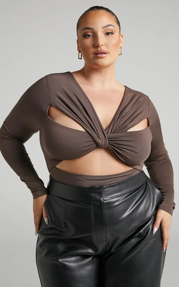 Showpo Nadia Bodysuit 8211 Twist Front Cut Out Long Sleeve Bodysuit In Mushroom Women Curve Clothes