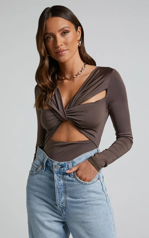 Showpo Nadia Bodysuit 8211 Twist Front Cut Out Long Sleeve Bodysuit In Mushroom Women Curve Clothes