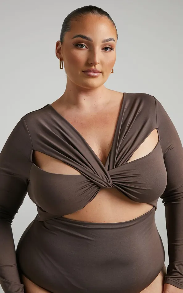 Showpo Nadia Bodysuit 8211 Twist Front Cut Out Long Sleeve Bodysuit In Mushroom Women Curve Clothes