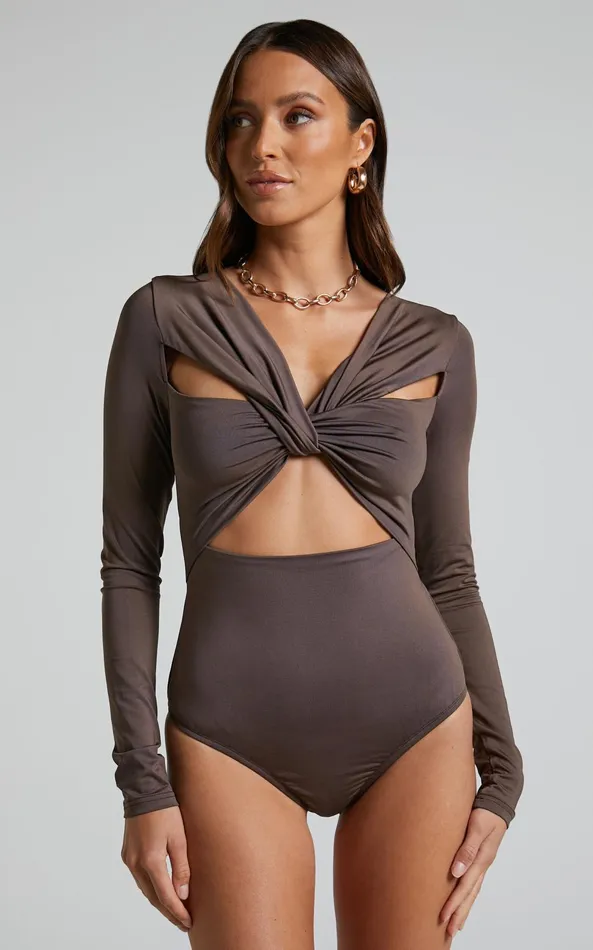 Showpo Nadia Bodysuit 8211 Twist Front Cut Out Long Sleeve Bodysuit In Mushroom Women Curve Clothes