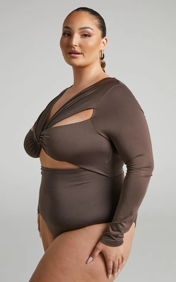 Showpo Nadia Bodysuit 8211 Twist Front Cut Out Long Sleeve Bodysuit In Mushroom Women Curve Clothes