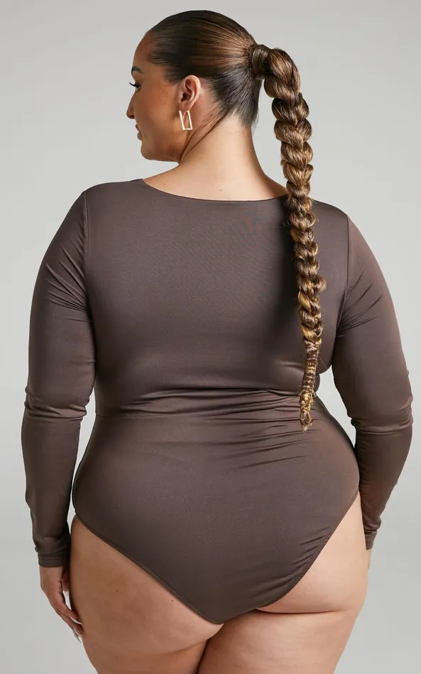 Showpo Nadia Bodysuit 8211 Twist Front Cut Out Long Sleeve Bodysuit In Mushroom Women Curve Clothes