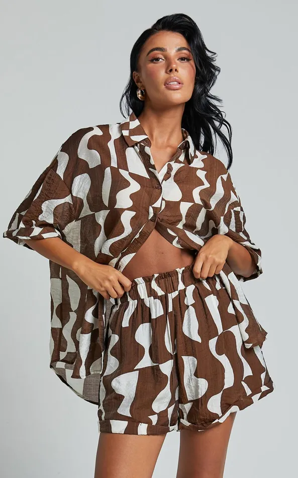 Showpo Nadiane Blouse 8211 Collared Button Through Blouse In Chocolate Mono Wave Women Tops