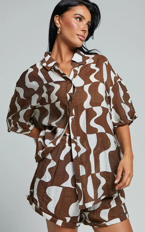 Showpo Nadiane Blouse 8211 Collared Button Through Blouse In Chocolate Mono Wave Women Tops