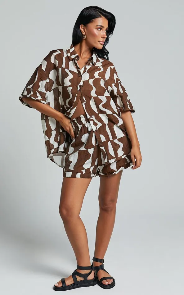 Showpo Nadiane Blouse 8211 Collared Button Through Blouse In Chocolate Mono Wave Women Tops