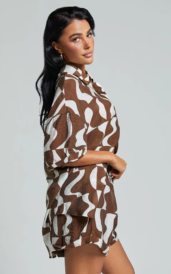 Showpo Nadiane Blouse 8211 Collared Button Through Blouse In Chocolate Mono Wave Women Tops