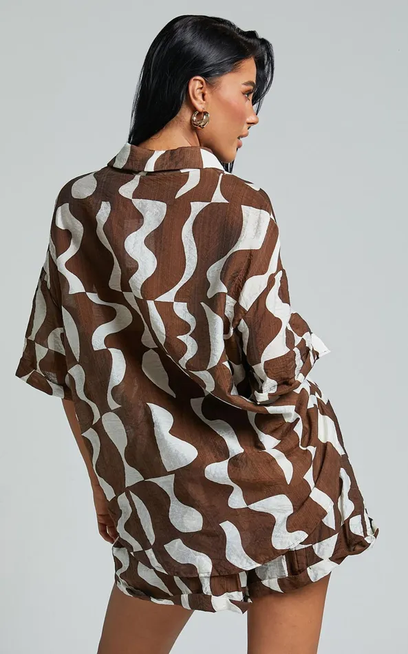 Showpo Nadiane Blouse 8211 Collared Button Through Blouse In Chocolate Mono Wave Women Tops
