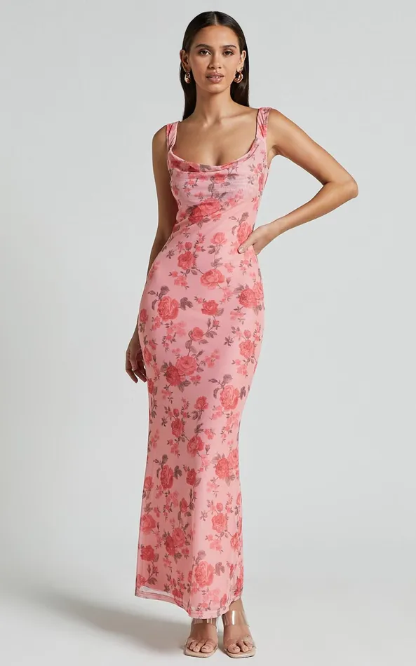 Showpo Nadine Maxi Dress 8211 Cowl Neck Low Back Mesh Slip Dress In Pink Floral Women Dresses Showpo Nadine Maxi Dress 8211 Cowl Neck Low Back Mesh Slip Dress In Pink Floral Women Dresses