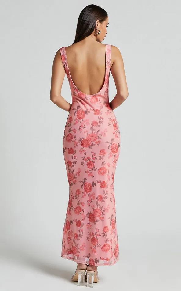 Showpo Nadine Maxi Dress 8211 Cowl Neck Low Back Mesh Slip Dress In Pink Floral Women Dresses