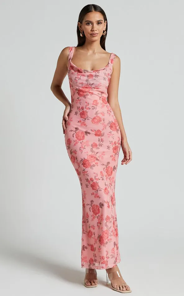 Showpo Nadine Maxi Dress 8211 Cowl Neck Low Back Mesh Slip Dress In Pink Floral Women Dresses