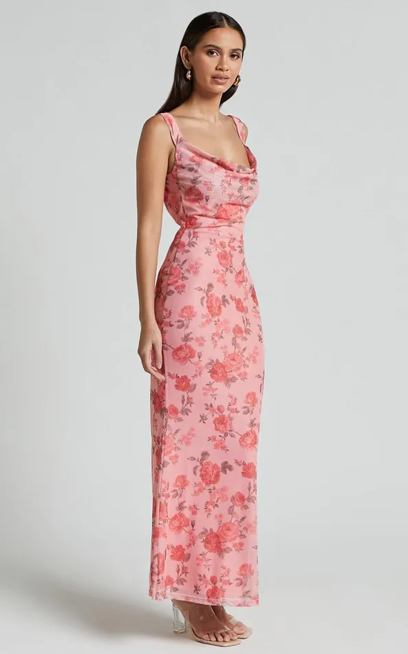 Showpo Nadine Maxi Dress 8211 Cowl Neck Low Back Mesh Slip Dress In Pink Floral Women Dresses