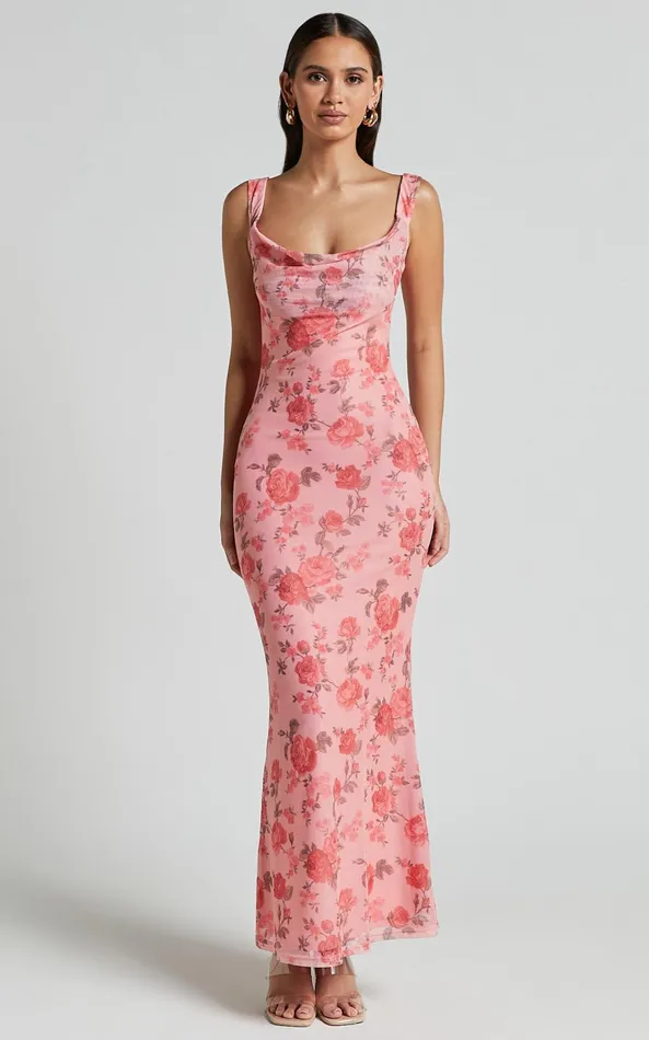 Showpo Nadine Maxi Dress 8211 Cowl Neck Low Back Mesh Slip Dress In Pink Floral Women Dresses