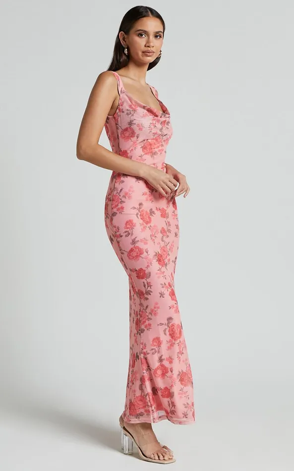 Showpo Nadine Maxi Dress 8211 Cowl Neck Low Back Mesh Slip Dress In Pink Floral Women Dresses