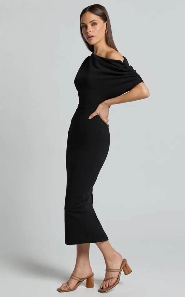 Showpo Nalfie Midi Dress 8211 Tipped Shoulder Jersey Drape Dress In Black Women Dresses