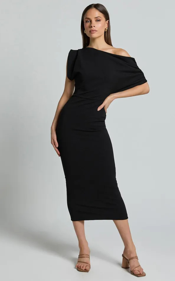 Showpo Nalfie Midi Dress 8211 Tipped Shoulder Jersey Drape Dress In Black Women Dresses