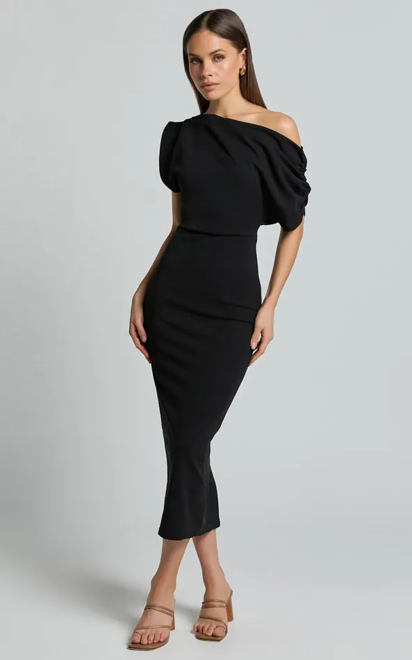 Showpo Nalfie Midi Dress 8211 Tipped Shoulder Jersey Drape Dress In Black Women Dresses