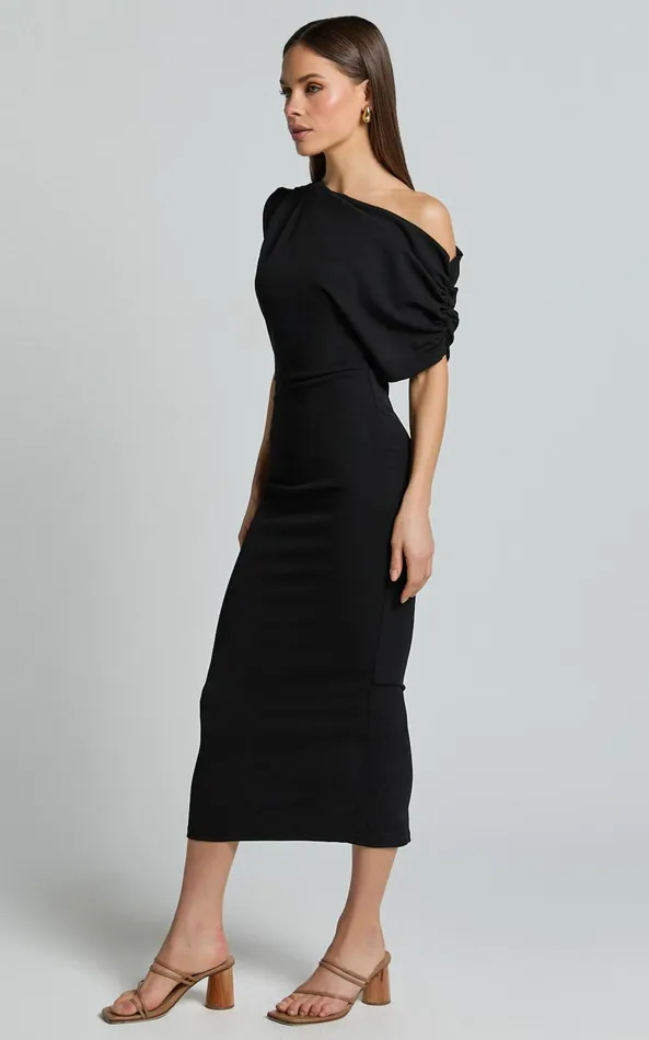 Showpo Nalfie Midi Dress 8211 Tipped Shoulder Jersey Drape Dress In Black Women Dresses